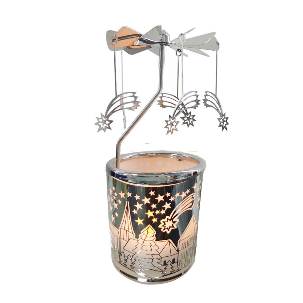 Vintage Holy Night spinning carousel tea light candle holder silver Christmas 5”